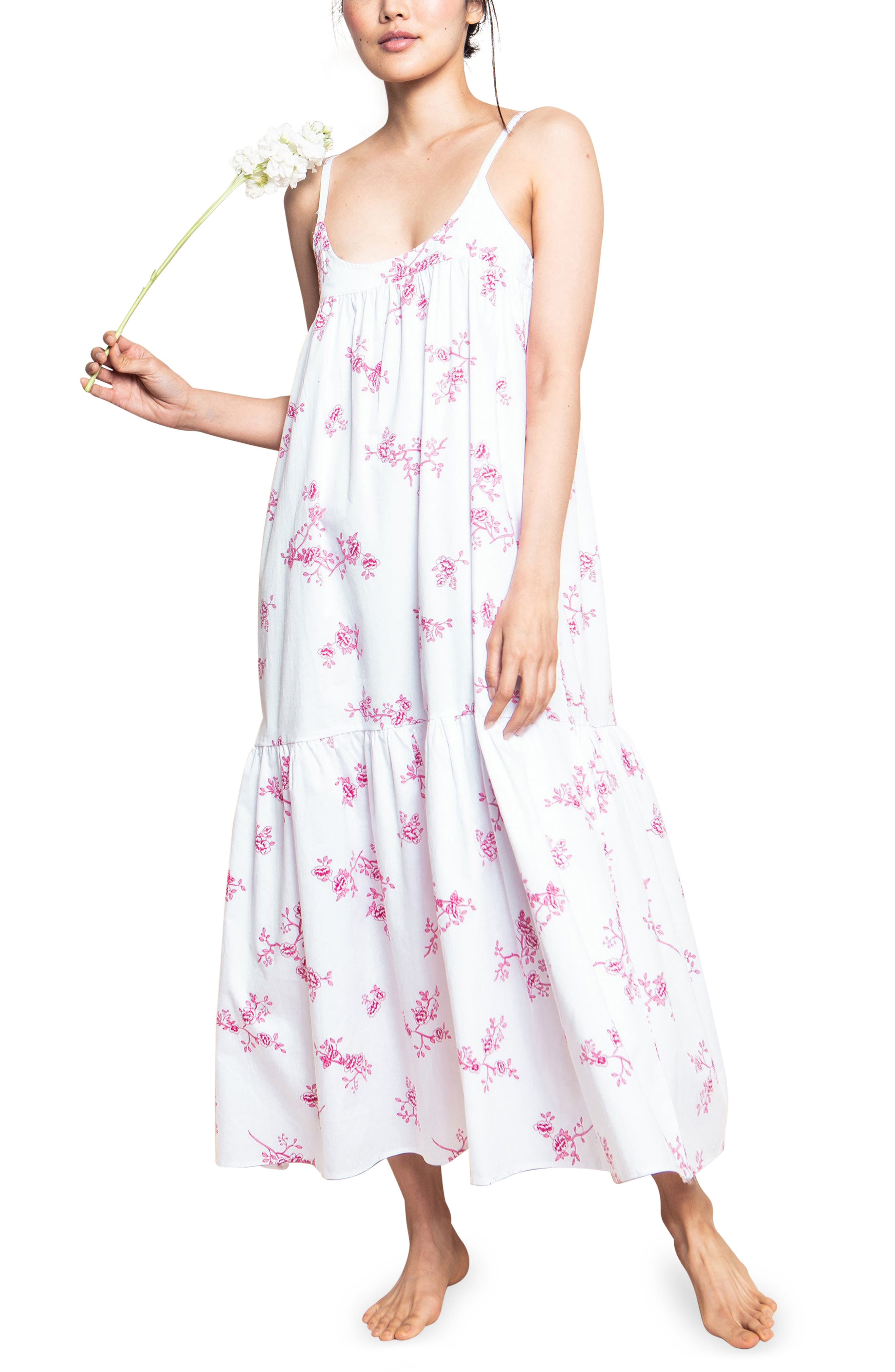 Women's Cotton Long Sleeve Nightie Night Gown Pink Floral Print Maxi Sleepwear